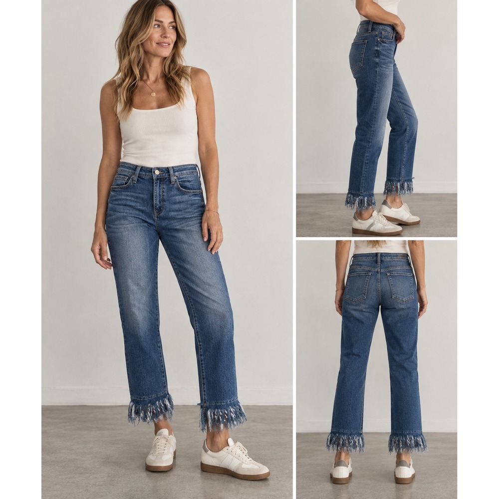 Flying Monkey Platinum Jeans Women 25 Blue Fringe Hem Straight Boho Festival